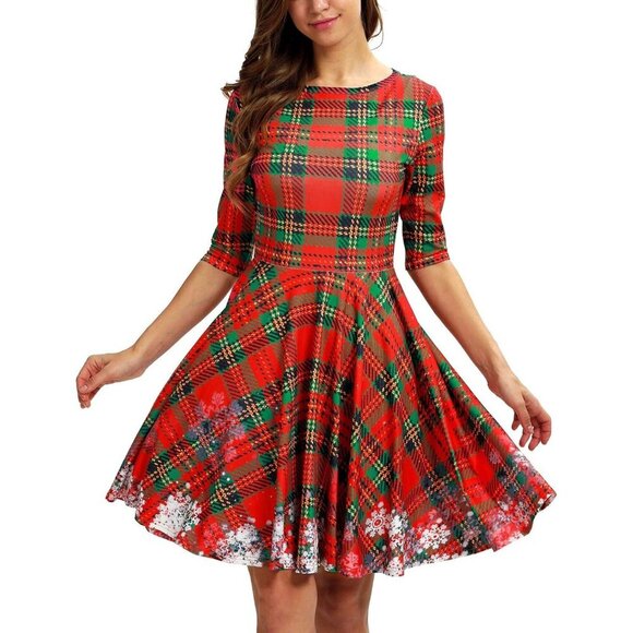 Women's Ugly Christmas Santa Dress Plaid Lights Holiday Print Dress for Xmas